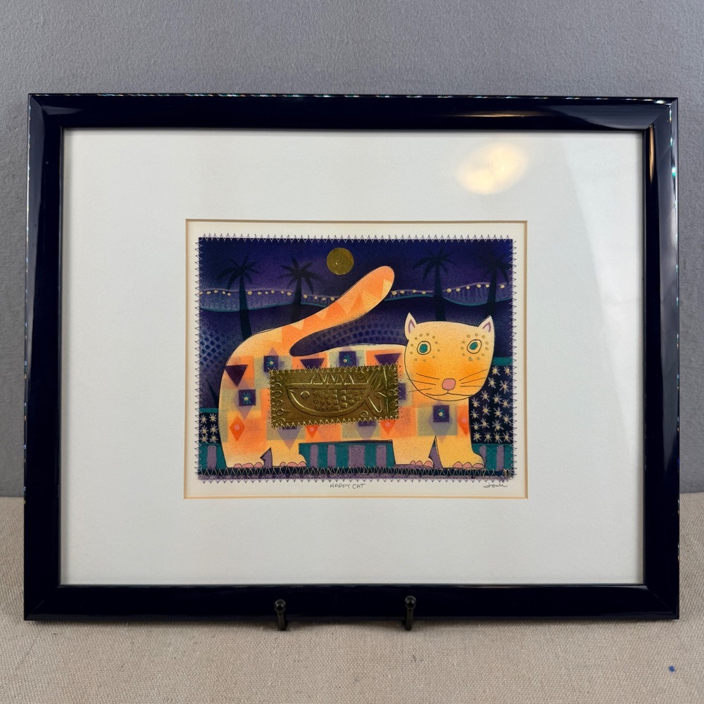 Terry McIlrath Joule Happy Cat Mixed Media Painting Embroidery Gold Foil Framed